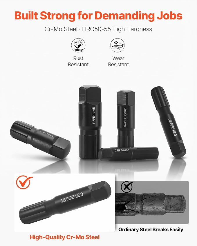 VEVOR Pipe Extractor Set, 9 Pieces Heavy Duty Steel Broken Pipe Extractors, with Solid Storage Case, Cr-Mo Steel for Removing 1/8" to 1" Damaged Threaded Pipes and Fittings, for Plumbers Mechanics DIY