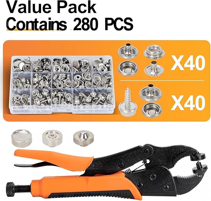 AnnYun Snap Button Kit, Heavy Duty Snap Fasteners Tools, Screw Snaps on Tools Included 1pc Snap Plier and 280 Pcs 15mm Stainless Snaps, Buttons Snap Fastener Tool for Boat Cover, Tarp, Canvas, Leather