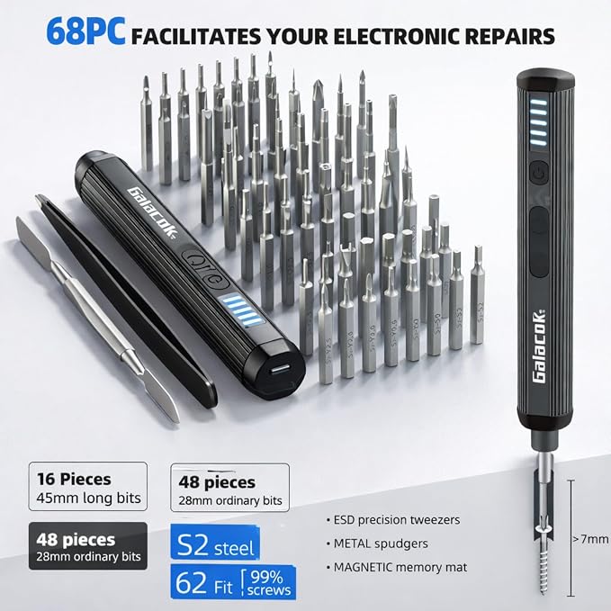 Electric Precision Screwdriver Set, 68 in 1 Cordless Mini Repair Tool Kit with Magnetic S2 Steel Bits, 200 RPM Motor, LED Light, USB-C Rechargeable for Phone, Laptop, Electronics