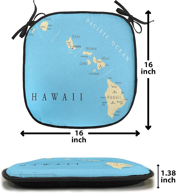 Lunarable Hawaiian Chair Cushion Pad, Map of Hawaii Islands Capital Honolulu Borders and Important Cities, Seat Padding for Kitchen & Patio with Anti-Slip Backing, 16"x16", Blue Ivory Black