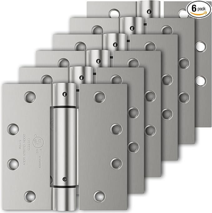 6 Pack Self Closing Door Hinges, 4.5" x 4.5" Spring Loaded Hinges with Square Corners, Adjustable Tension for Garage, Front Door, Back Door, for Left and Right Hand Door, UL Listed