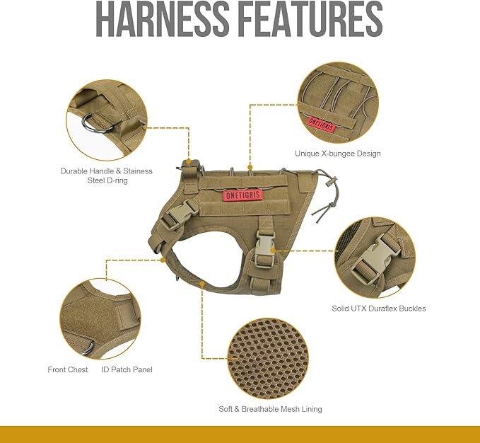 OneTigris Tactical Dog Harness with Handle No-Pull Adjustable for Large Dog | Military 1000D Pullable Nylon, Service Dog Vest with Hook & Loop Panels, Easy On & Off for Walking Hiking Training Brown L