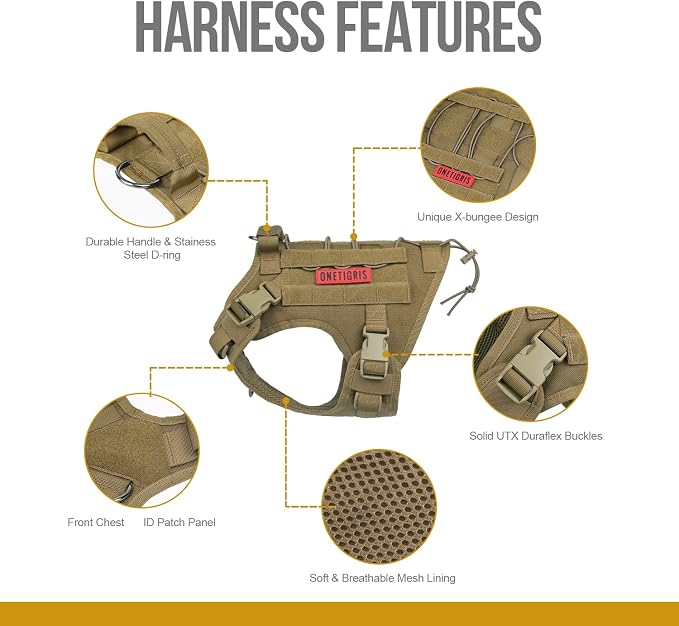 OneTigris Tactical Dog Harness with Handle No-Pull Adjustable for Small Dog | Military 1000D Pullable Nylon, Service Dog Vest with Hook & Loop Panels, Easy On & Off for Walking Hiking Training Brown S