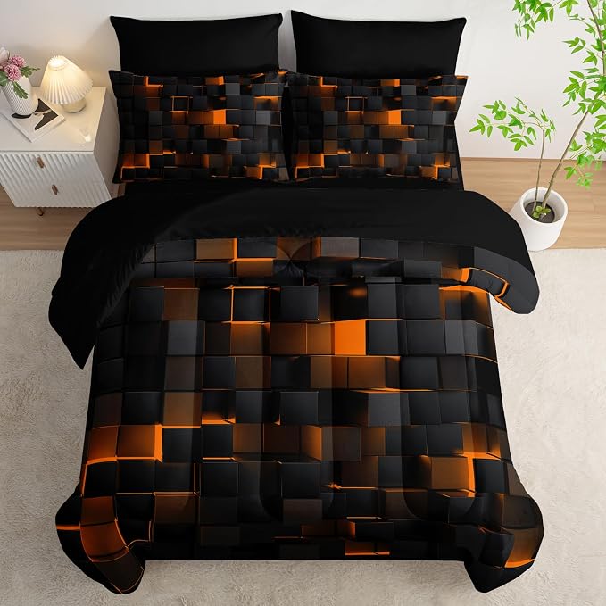 Nttopship Geometric Yellow Black Queen Comforter Set,Light Honeycomb Bedding Set 7 Piece in A Bag,Bed Sheet Set Geometry Decor,Microfiber Lightweight All Season