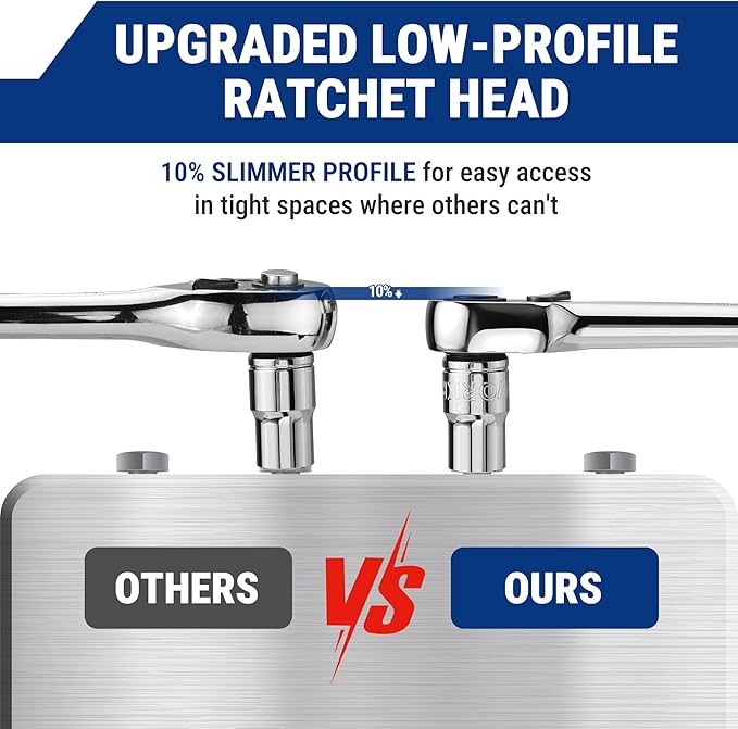 WORKPRO 3-Piece Low-Profile Ratchet, 90-Tooth Quick-Release Ratchet Wrench | 1/4", 3/8", 1/2" Socket Wrench for Men Women, Reversible, 4° Swing, CR-MO Compact Drive Head, Full Polished