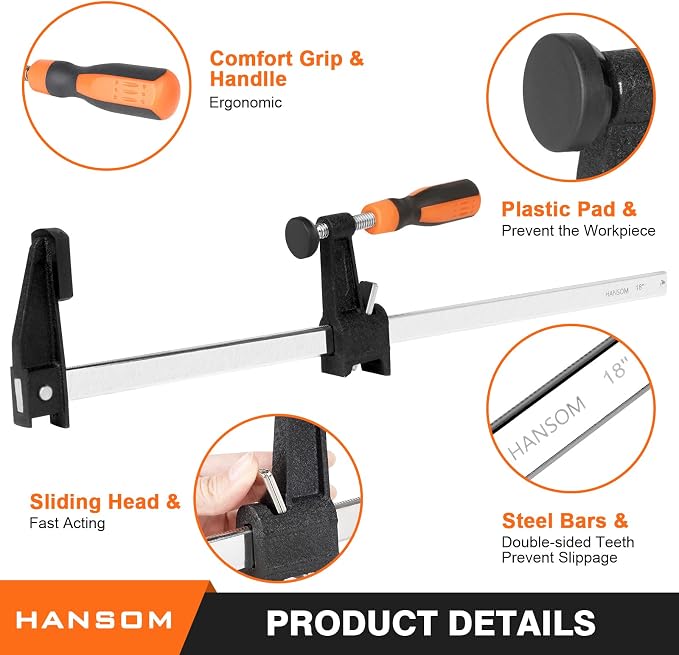 4-Pack 18 inch Bar Clamps,Long Wood Clamps Heavy Duty Force 600 Lbs Adjustable and Release Quickly,Woodworking Clamps Throat Depth 2.5 inch with Plastic Handle