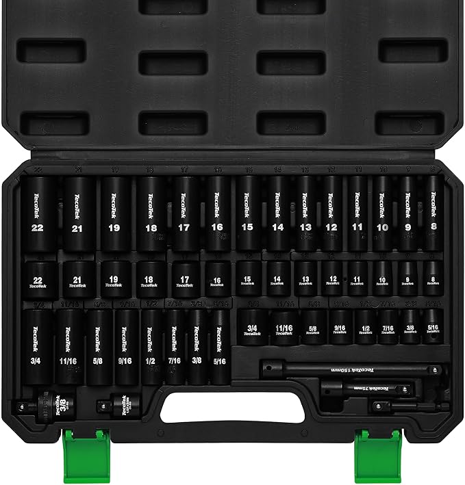 TecoTek 3/8" Drive Impact Socket Set, 49-Piece Standard SAE (5/16"-3/4") and Metric (8mm-22mm), 6 Point, Cr-V, Extension Bars, 1/2" F to 3/8" M Reducer, Universal Joint and Power Drill Adapter