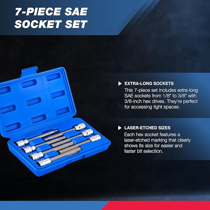 Neiko 10072A 3/8-Inch Drive Extra Long Allen Hex Bit Socket Set, SAE, 1/8-Inch - 3/8-Inch | S2 and Cr-V Steel, 7-Piece Set