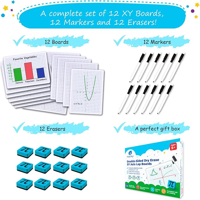 Simply Magic 12 Pack Double-Sided Dry Erase Graph Lap Boards - Class Set of Individual Classroom Whiteboards for Students, XY Axis Graphing Lap Boards - Math Teacher Supplies for Classroom - 12''x9''