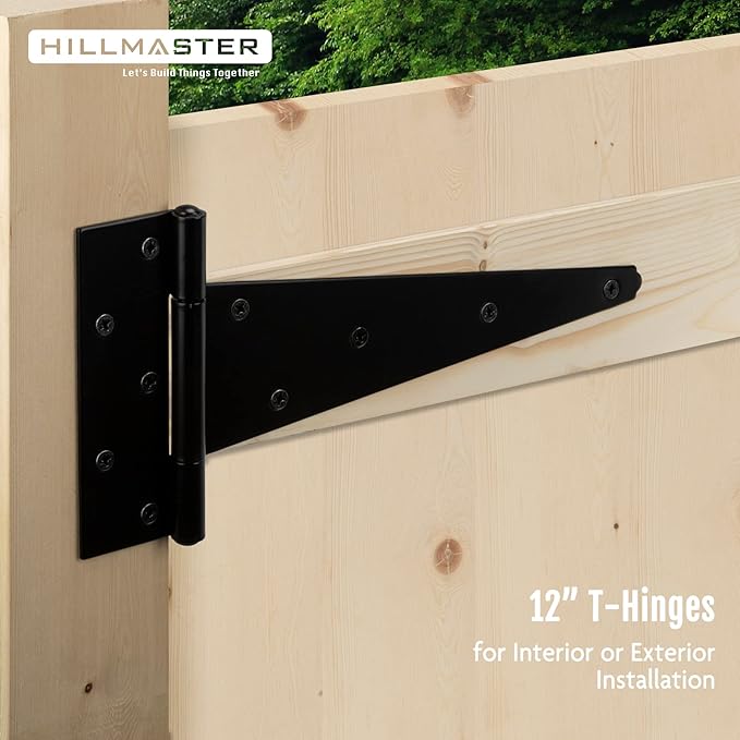 HILLMASTER 12 Inch T-Strap Heavy Duty Shed Door Hinges Gate Strap Hinges Black Tee Hinge Wrought Hardware for Wooden Fences,Yard,Barn Door,Rustproof (2 Pack)