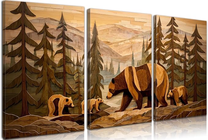 Frimeeme Framed Rustic Cabin Decor Bear Wall Art,Rustic Forest Bear Wall Art Woodland Theme Decor for Cabin, Farmhouse, Living Room, Bathroom, 12"x16" 3-Piece,Inch