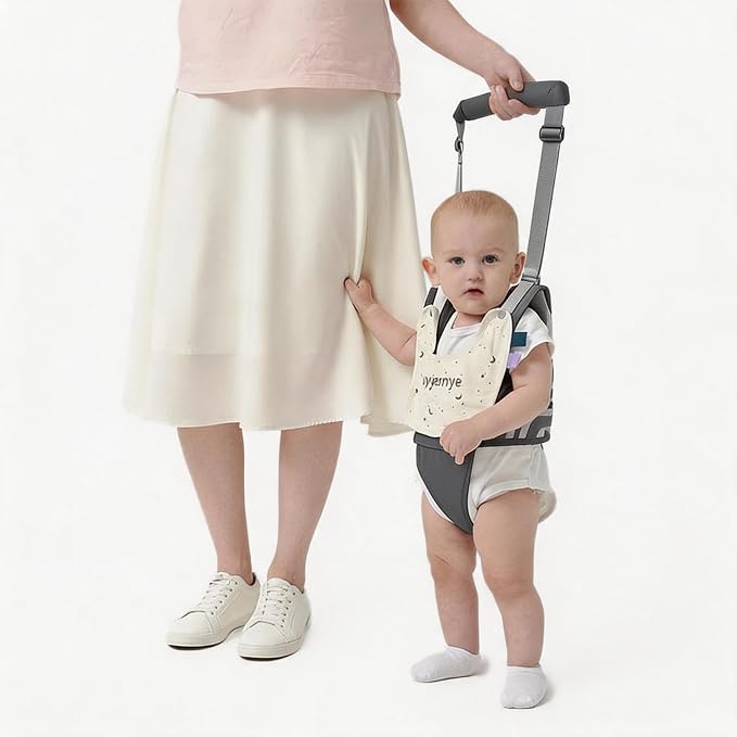 Baby Walking Harness - Handheld Toddler Walker Helper with Detachable Crotch, Adjustable Traction Strap, Breathable Fabric, Infant Walking Assistant Belt with for 9-24 Months (Grey)