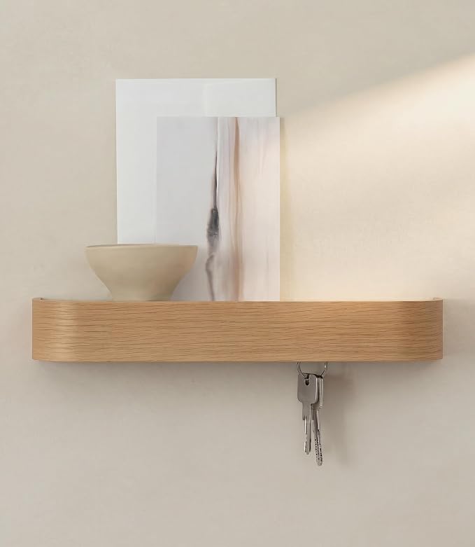 Kazai. Key Holder 'Toke' | Minimalist Key Hook Design from Berlin | Modern Key Holder Wall Mount with Wooden Shelf | Key Rack for Wall as Entryway Organizer | Oak