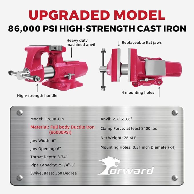 Forward 1760B 6 Inch Bench Vise Heavy Duty with Anvil and 360° Swivel Base