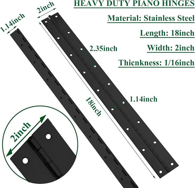 2Pack Heavy Duty Piano Hinge, 2" Open Width x 18" Continuous & Piano Hinges, 0.06” Thick Stainless Steel Piano Hinge with Holes, Black Stainless Furniture Hinges for Cabinet Door Cases Woodworking