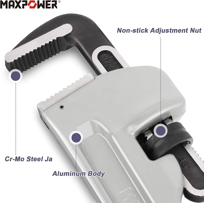 MAXPOWER 48-inch Pipe Wrench, 6.1" Jaw Opening, Large Plumbing Wrench | Aluminum Straight Heavy Duty Pipe Wrench