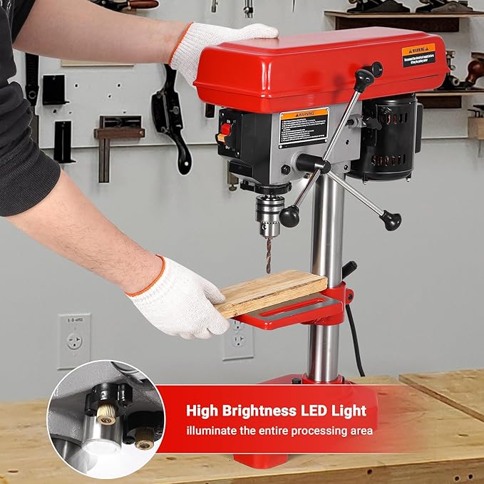 Garvee 8" Benchtop Drill Press, Laser Ray (Class II Max. 1mW), Tabletop Drilling Machine with 5 Adjustable Speeds (620 to 3100 RPM), 0-45°Tilting Worktable with LED Light (1W), for Wood or Metal