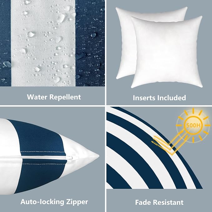 LVTXIII Outdoor Throw Pillows, Decorative Throw Pillows with Inserts, 16"x16" Square Pillows for Bed, Couch, Sofa and Patio Furniture, Set of 2, Cabana Navy
