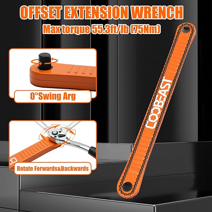 coobeast 3/8 inch offset extension wrench Impact Ready Socket Wrench Extender Tool with Versatile 1/4", 3/8", and 1/2" Square Drive Adapters, Universal Extensions Wrench for Small Place