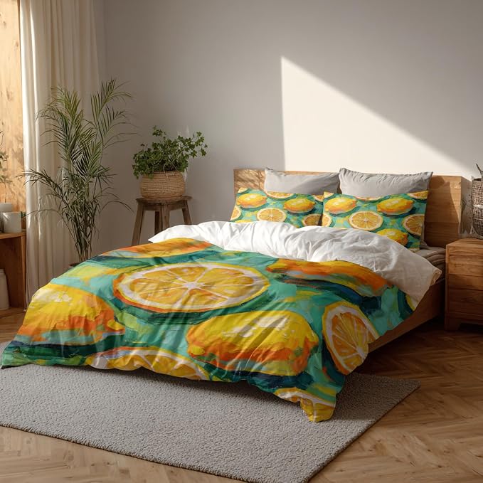 Batmerry Lemons Full Size 100% Cotton Duvet Cover Sets, Impressionistic Lemon Pattern Bedding Set with Zipper Closure Corner Ties, 3 Pieces (1 Cover + 2 Pillowcases No Comforter)