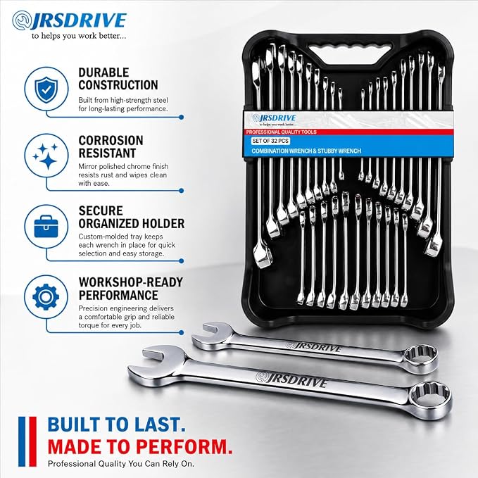 32-Piece SAE & Metric Combination Wrench Set – Standard & Stubby Wrenches, Chrome Vanadium Steel, 12-Point Box End, Mirror Chrome Finish with Organizer Tray for Automotive & Home Repair