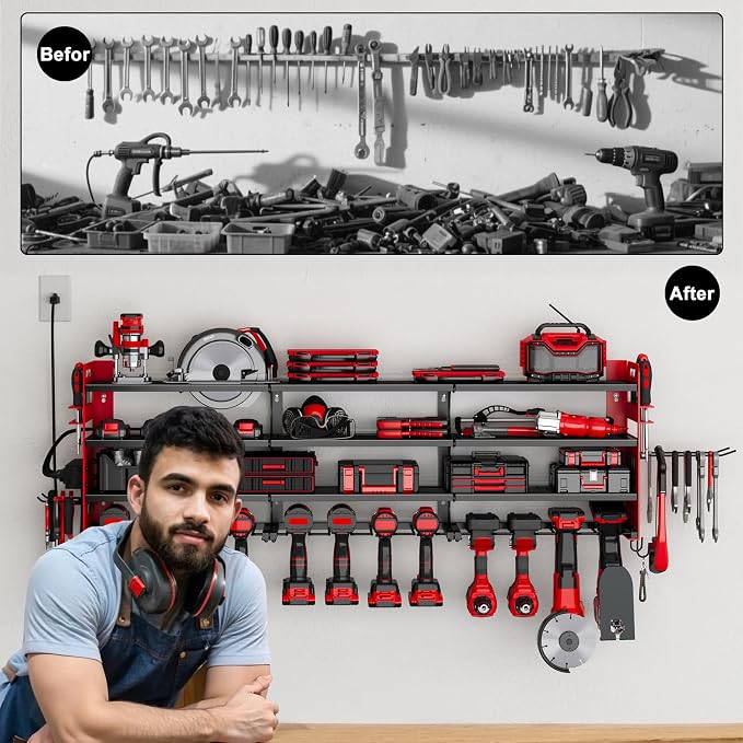 12 Cordless Drill Holder Large Power Tool Organizer Wall Mount with Side Pegboard & Screwdriver Holder, 4-Tier Heavy Duty Metal Tool Storage Rack with 4-Outlet Power Strip