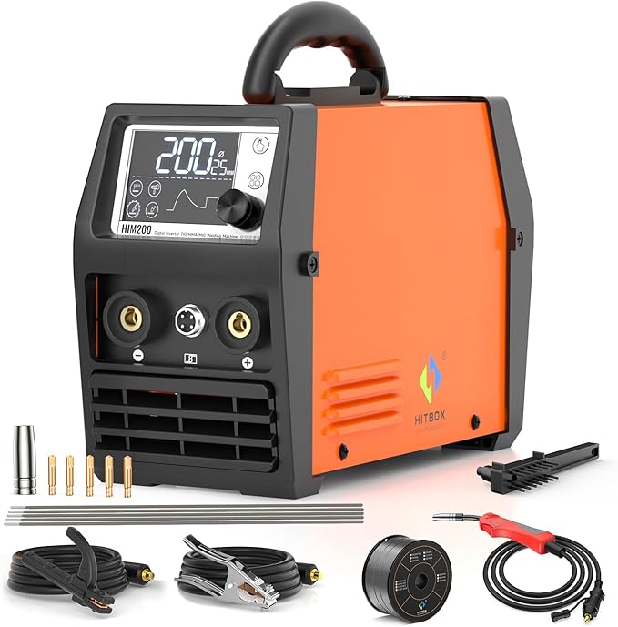 HITBOX 140A MIG Welder 110V/220V, Flux Core Welder/Stick ARC/Lift Tig/Spool Gun 4 in 1 Gasless Mig Welding Machine with LCD Display Synergy Dual Voltage IGBT Inverter Welder (HIM200)