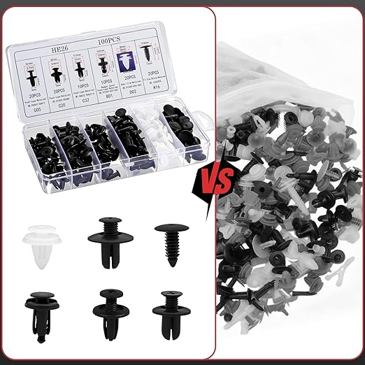 100Pcs Auto Body Panel Fasteners & Push Pin Rivets - 6 Sizes Bumper Fender Flare Retainer Clips. Plastic Expansion Screws Replacement for GM Ford Toyota Honda (100Pcs)