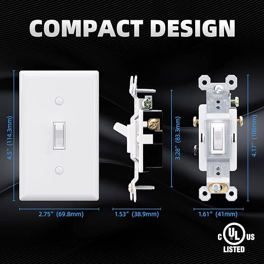 ELEGRP 3 Way Framed Toggle Light Switch, 15 Amp, 120 V, Quiet Self-Grounding, Residential and Commercial Grade, UL Listed (10 Pack, Glossy White)