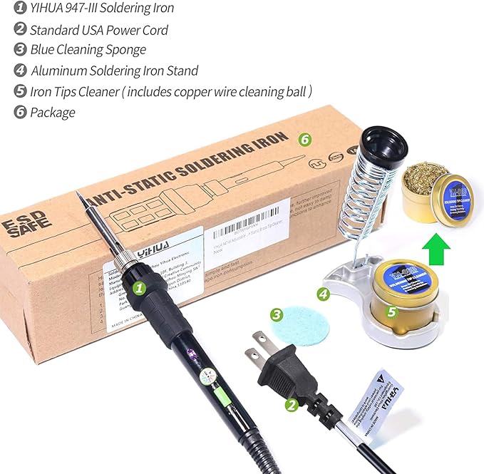YIHUA 947-III Soldering Iron Kit with Temperature Stabilization, On-off Switch, 60W Portable Soldering Iron Kit with Holder, Tip Cleaner, Cleaning Sponge, 110V US Plug
