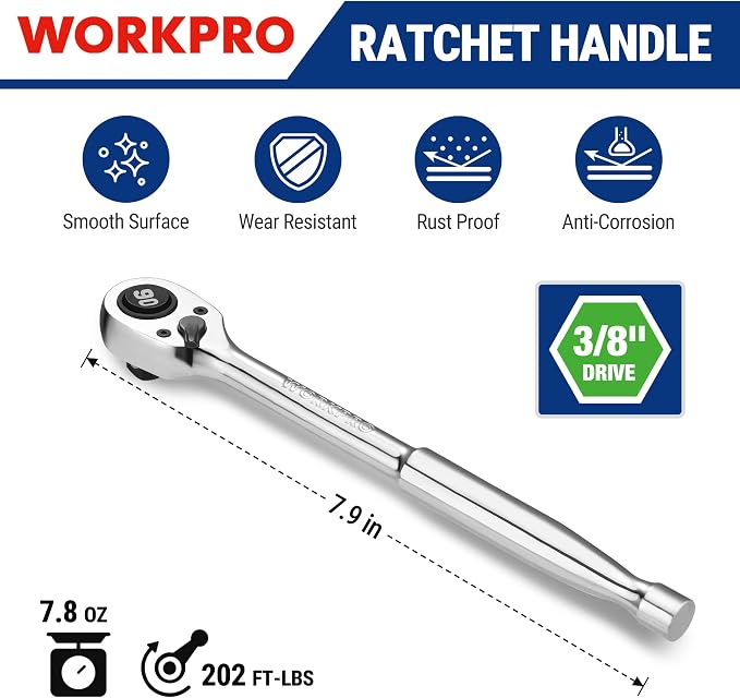 WORKPRO 3/8-Inch Drive Low-Profile Ratchet, 90-Tooth Ratchet Wrench | Quick-Release Socket Wrench for Men Women, Reversible, 4° Swing, CR-MO Compact Drive Head, Full Polished