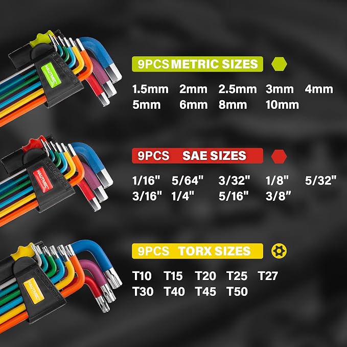 HAUTMEC 27PCS Long Allen Wrenches Sets with Ball End, SAE Metric Torx Allen Key Set with T-Handle Hex Key, 60CR-V Steel, Color Coded & Storage Bag, SAE(1/16" to 3/8″),Metric(1.5-10mm),Torx (T10-T50)