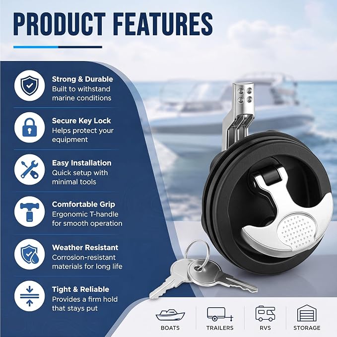 Shimeyao Boat Hatch Latch T Handle with Keyed Lock 2-1/2 Inch Marine Grade Nylon Zinc Alloy Cam Latch Non-Locking Flush Mount Deck for Boat Hatch Compartment Cabinet Door Replacement
