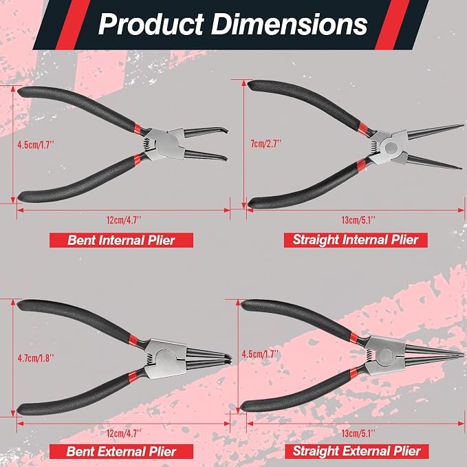 Doaho 4Pcs Snap Ring Pliers Set,Heavy Duty 7 Inch Circlip Plier Cr-V Steel C Clip Pliers Kit with Straight and Bent Jaw for Internal External Rings Automotive Machinery Repair