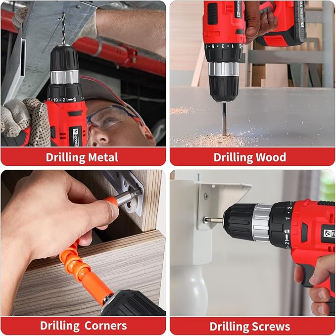 FADAKWALT Cordless Drill Set, 20V Electric Power Drill With Battery And Charger, 30N Torque, 21+1 Settings, 3/8-Inch Keyless Chuck, Driver Bits Kit, LED Light (Red）