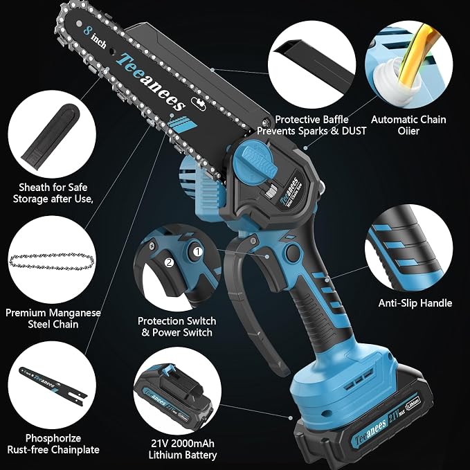 Mini Chainsaw Cordless with 2 Batteries & 8 Chains, Dual Guide Bars (8" & 6"), 1000W Electric Battery Powered Chain Saw for Tree Trimming, Wood Cutting, Garden Gift (Blue)