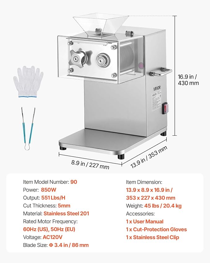 VEVOR Meat Cutting Machine, 850W Commercial Slicer, 5mm Heavy Duty Stainless Steel Blade Shredder for Boneless Meat Soft Vegetables, Electric Food Slicers for Kitchen Restaurant Supermarket
