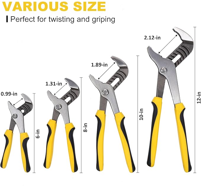 TOPLINE 4-piece Groove Joint Pliers Set with Bi-Material Handles, Tongue and Groove Pliers Set Included 12-in, 10-in, 8-in and 6-in, Perfect for Plumbing Repair and Basic Home Maintenance