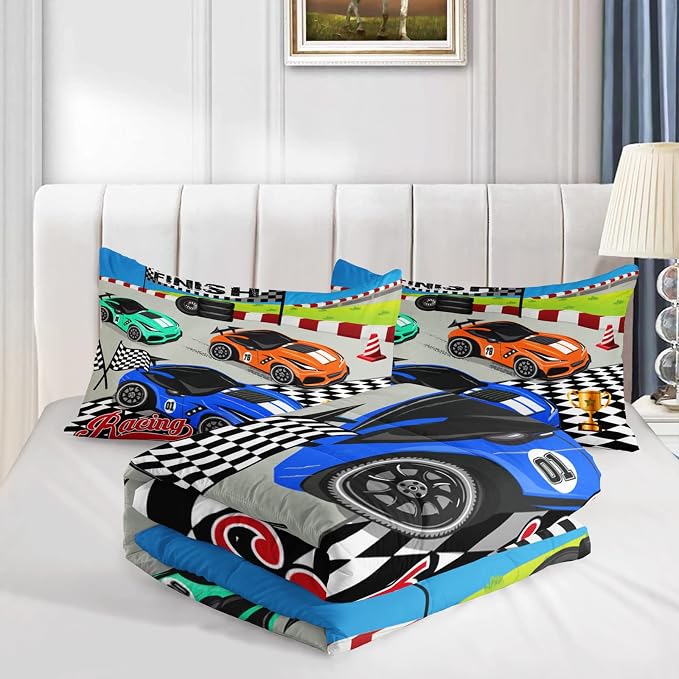 Axolotl Racing Car Bedding Set Queen,Cool Speed Race Car Down Comforter for Kids Boys Girls Teens,Racing Car Comforter Set Car Theme with Three Cars Arrive at Finish,1 Comforter and 2 Pillowcases