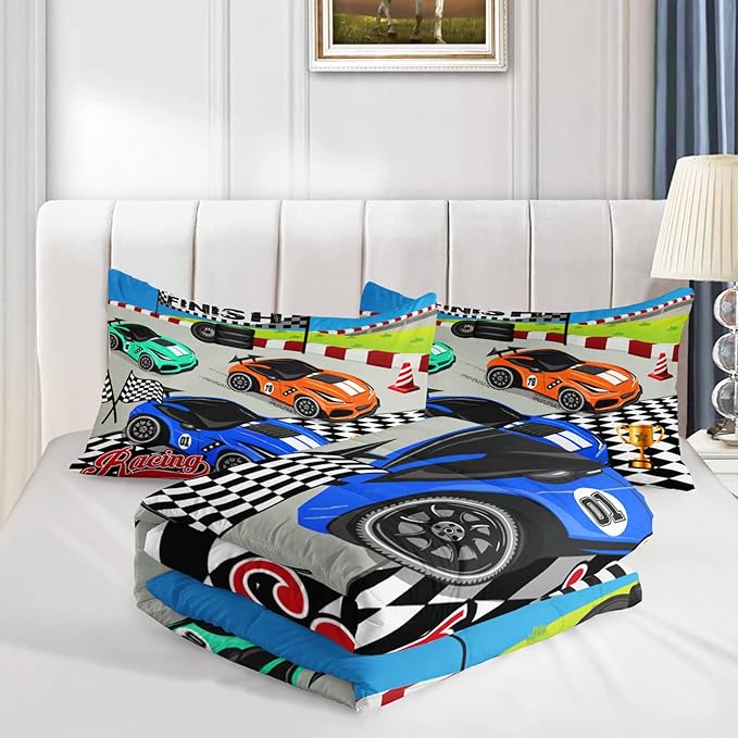 Axolotl Racing Car Bedding Set Twin,Cool Speed Race Car Down Comforter for Kids Boys Girls Teens,Car Theme Quilt with Three Cars Arrive at Finish,1 Comforter and 2 Pillowcases