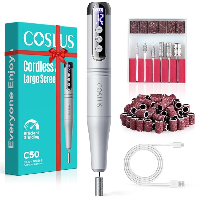COSLUS C50 Cordless Electric Nail Drill : 12-Speed Professional Nail File with LED Display for All Manicure Shaping & Gel Removal, Nail Art Practice Essentials, Home DIY & Portable Travel Use, Grey