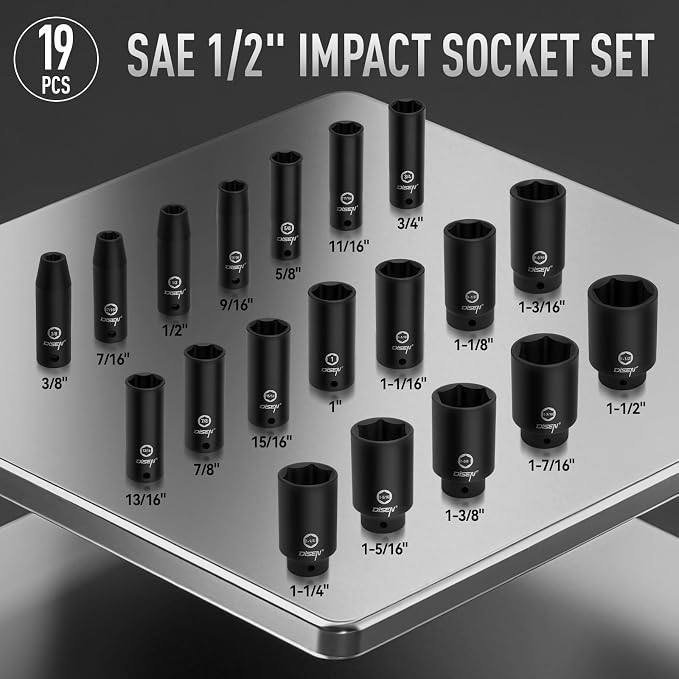 DISEN 19 Pcs 1/2" SAE Impact Socket Set | Deep Sockets 3/8"- 1-1/2", 6-Point Cr-V & Alloy Steel, 1/2 Inches Drive, Rugged Construction, Enhanced Storage Case