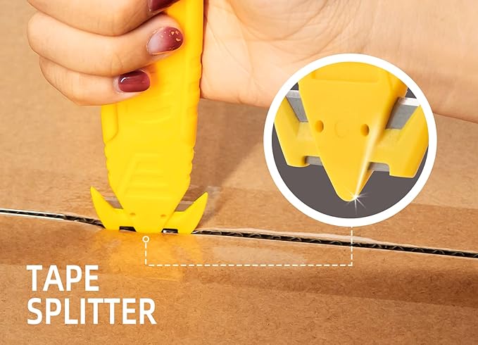 T TOVIA Safety Box Cutter Knife of Recessed Concealed Stainless Steel Blade, Package Opener Plastic Cutter for Box, Carton, Shrink Wrap, Plastic Straps, 12pcs 3 colors
