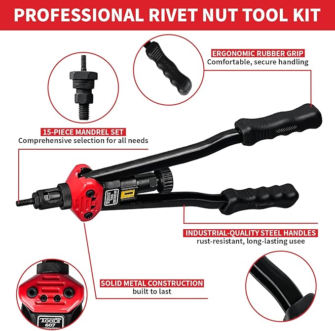 Rivet Nut Tool Kit, 16-Inch Rivnut Tool with 15 Metric & SAE Mandrels and Rivet Nut Gun, 200pcs Rivnut Tool Kit Assortment, Nutsert Tool Kit with Carrying Case