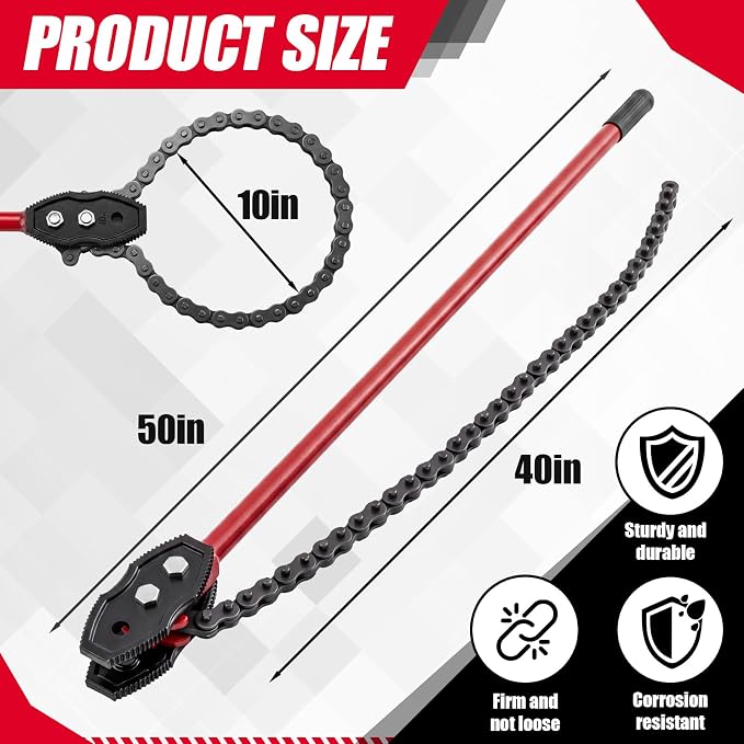 Lothee 50" Chain Pipe Wrench, Fits Max 10" Diameter, 40" Chain Length | Max 22000 Lbs Breaking Load, Heavy Duty Large Pipeline Tool, Pipeline Installation, Oil Field, Operations and Maintenance