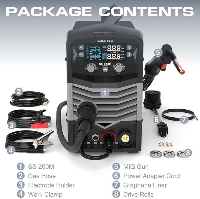 Sunstac MIG Welder, 200A Duo Voltage 5 in 1 Aluminum MIG Welding Machine, MIG/Flux Core/Spool Gun/Lift TIG/Stick, IGBT Inverter Welder Synergic Control, Digital Display (NEW VERSION)