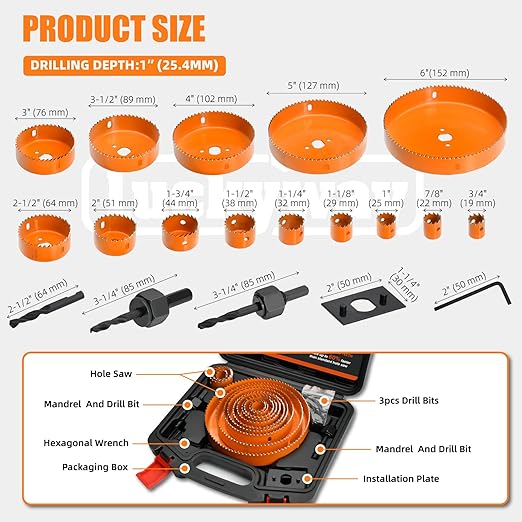 Luckyway Hole Saw Kit Pro, 24PCS Hole Saw Set with 3/4"-6"(19-152mm) 14PCS Hole Saws, Double-Ground Teeth for Clean Cutting, Ideal for Soft Wood, Plywood, Drywall, PVC
