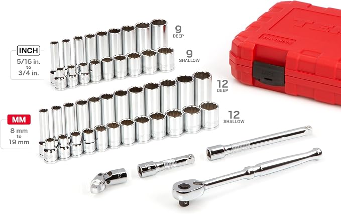 TEKTON 3/8 Inch Drive 12-Point Socket and Ratchet Set, 46-Piece | SKT15302 | (5/16 - 3/4 in., 8 - 19 mm), Shallow and Deep, Case