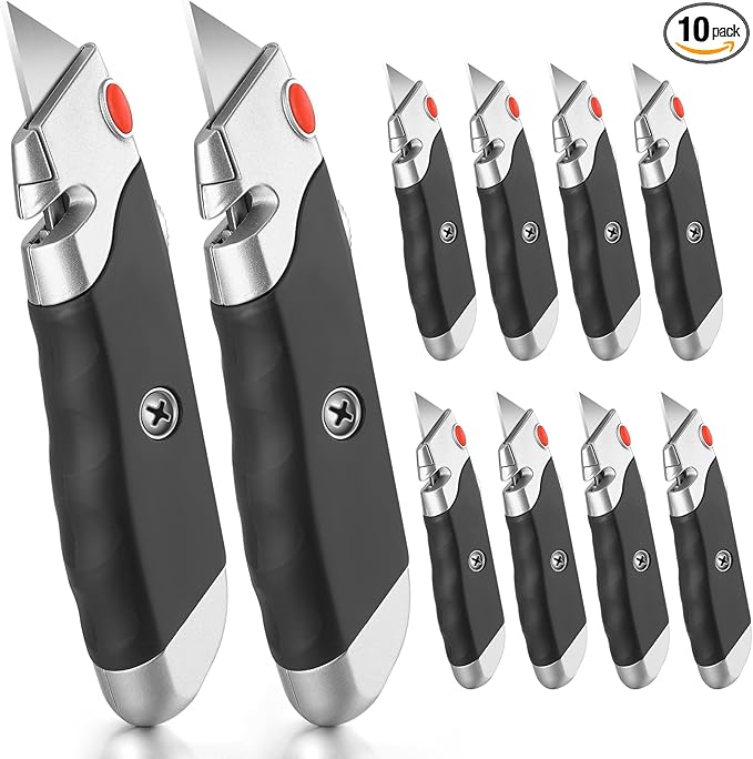 DIYSELF 10Pack Box Cutter, Rubber Handle Utility Knife, Box Cutter Retractable Heavy Duty, Box Cutters Knife for Boxes, cardboard, cartons, Razor Knife for Warehouse, Office, Shaop