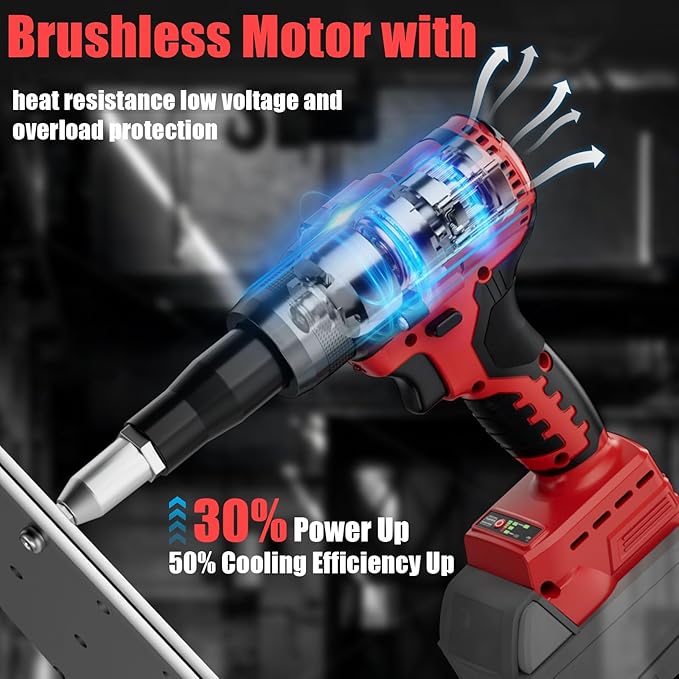 Cerycose Rivet Gun Compatible with Milwaukee 18V Battery, Cordless Rivet Tool with 3 Size (1/8", 5/32", 3/16") Aluminum Rivets, Brushless Motor Rivet Gun Kit Nose Piece, Led Light, Tool Only